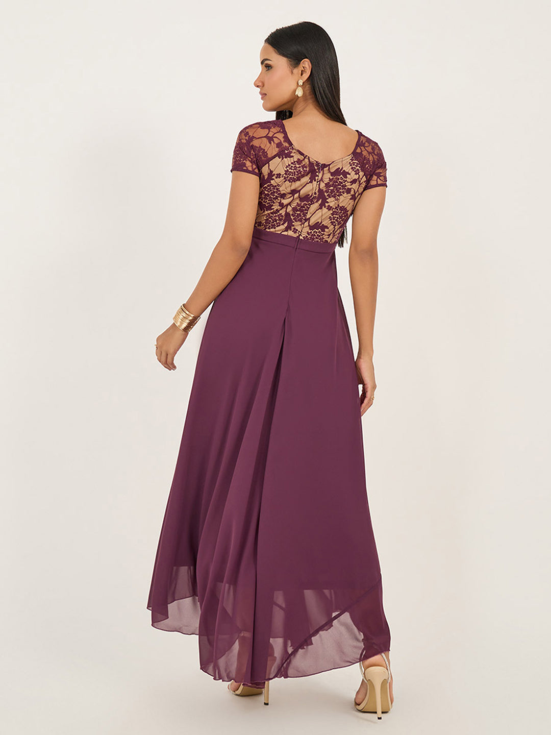 Women's Mauve Square-Neck Raglan-Sleeve Self-Designed Flared Georgette Maxi Dress