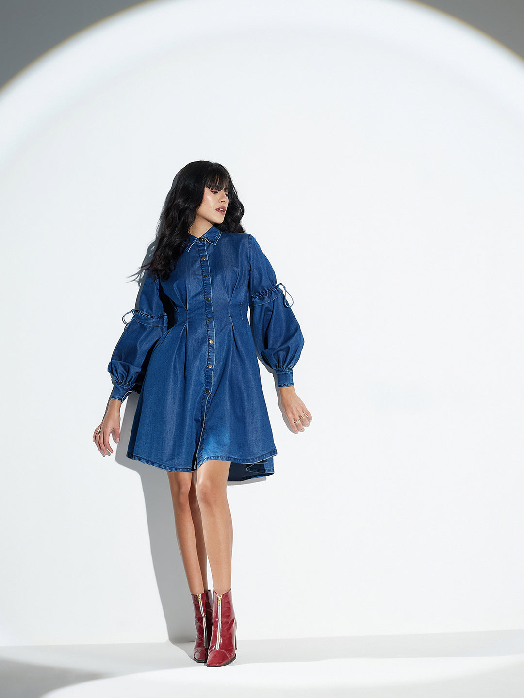 Navy Blue Pleated Denim Shirt Dress with Bishop Sleeves for Women