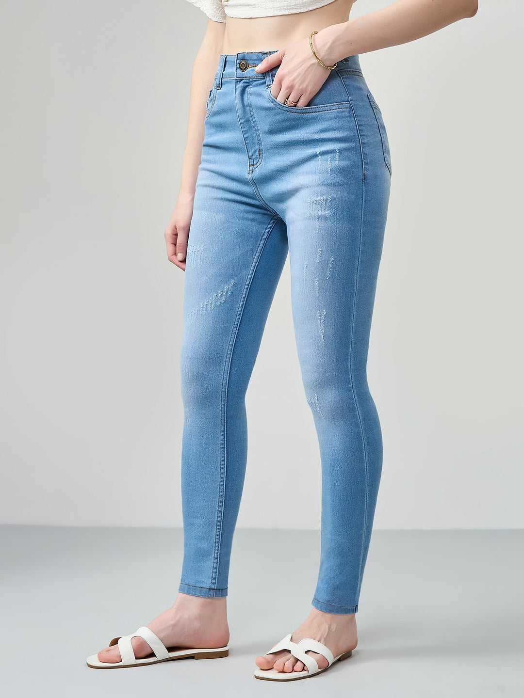 Blue Skinny high-rise Mild Distress Regular Stretchable Denim Jeans for Women