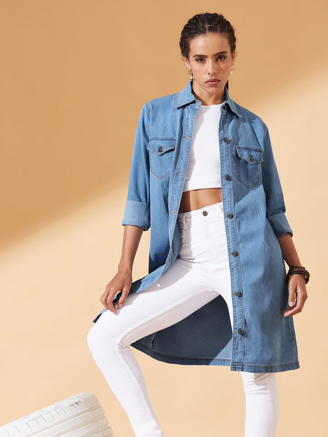 Blue Polo Neck Full Sleeves Denim Knee-Long Shrug for Women