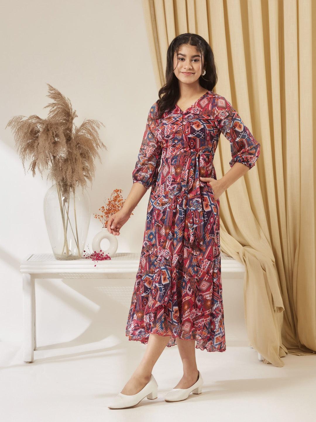 V-Neck Three-Quarter Sleeve Geometric Patterned Wrap Midi Chiffon Dress for Girls/Teenagers