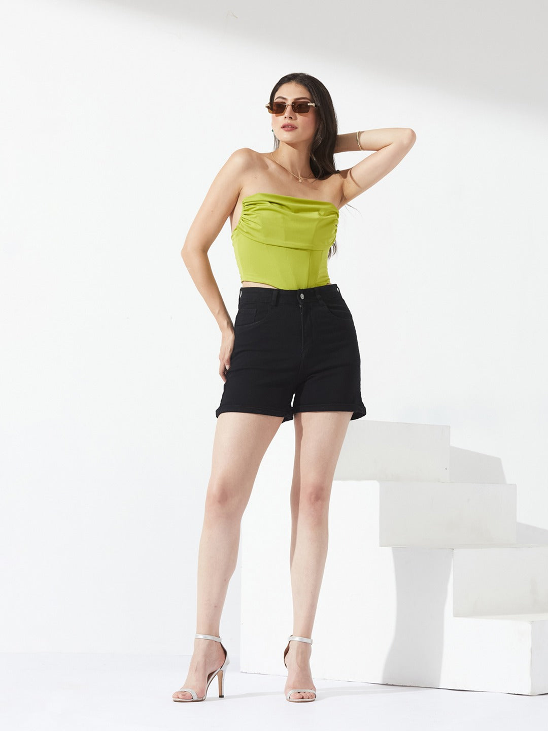 Black Flared high-rise Regular Stretchable Denim Shorts for Women