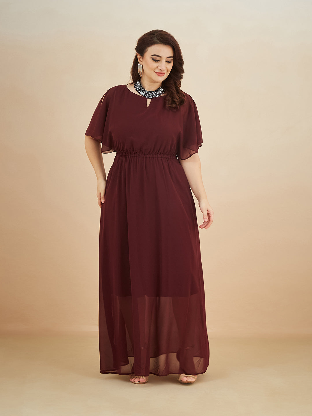 Wine Red Round Neck Flared Solid Embellished Choker/Gathered Maxi Dress for Women — Miss Chase A+