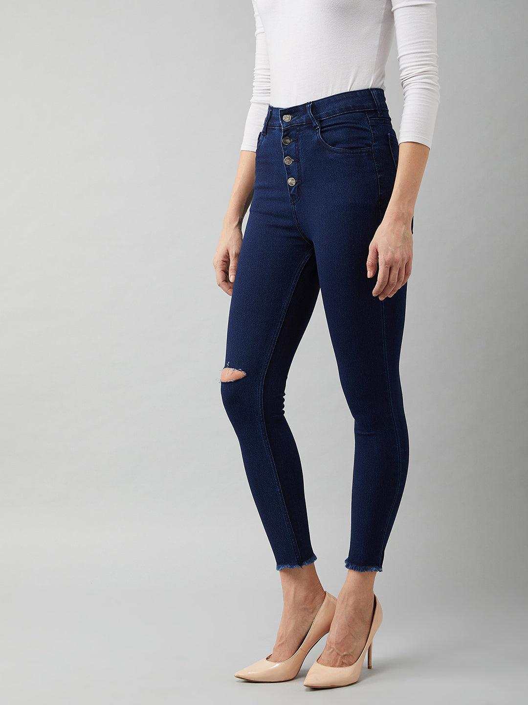 Women's Navy Blue Cotton Skinny Fit Cropped High Rise Stretchable Denim Jeans