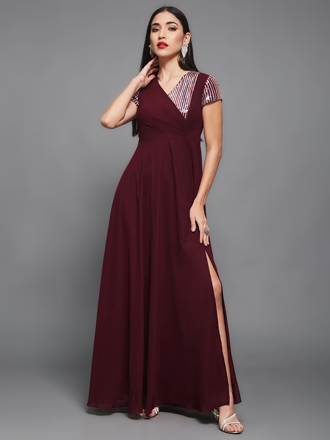 Wine Georgette & Sequins dress — Miss Chase