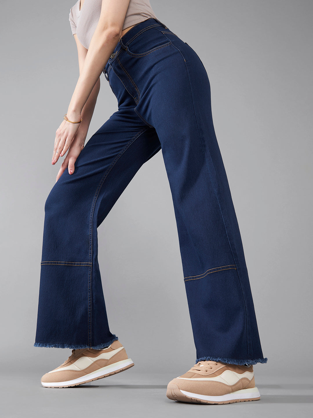 24/7 Comfort Women's Navy Blue Wide Leg High Rise Clean Look Regular Length Stretchable Denim Jeans