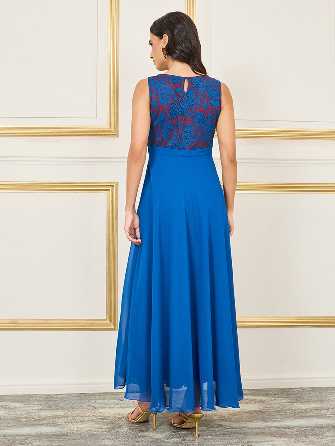 Women's Royal Blue Round Neck Sleeveless Georgette Floral Lace Fit & Flare Maxi Dress