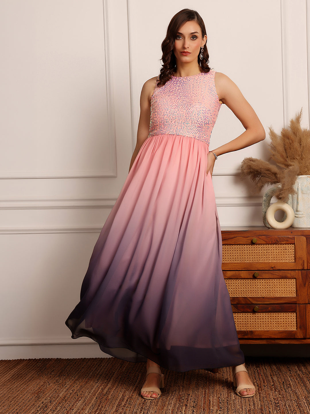 Multicolored-Base-Pink Round Neck Sleeveless Embellished Georgette Maxi Dress for Women