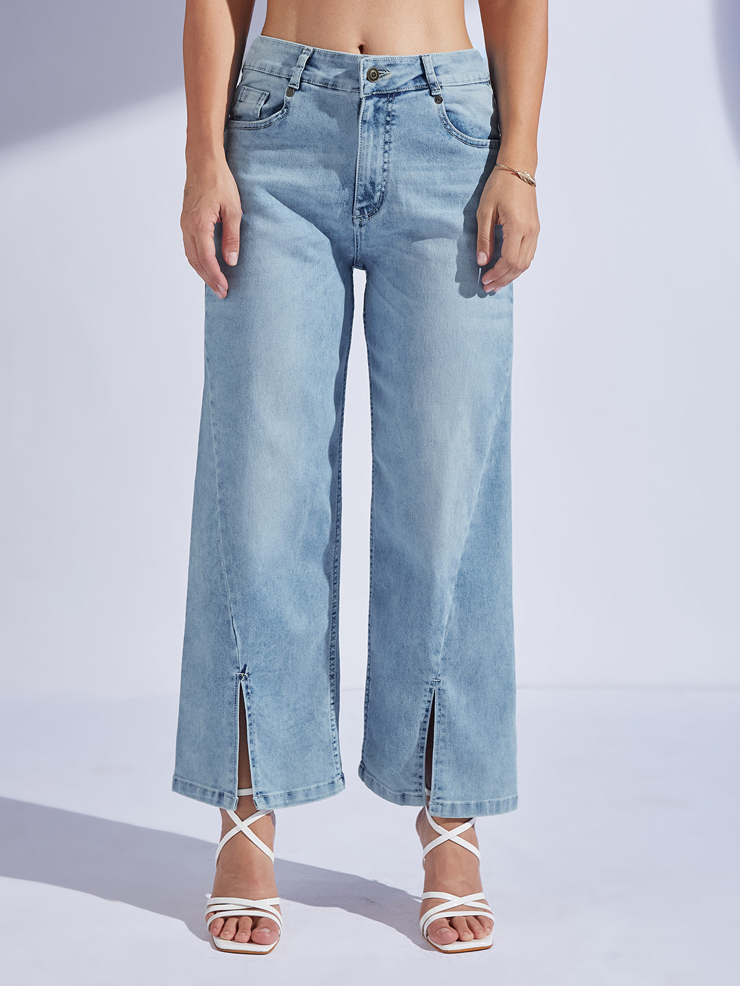 Women's Light Blue Wide-Leg Mid-Rise  Regular-Length Stretchable Denim Jeans