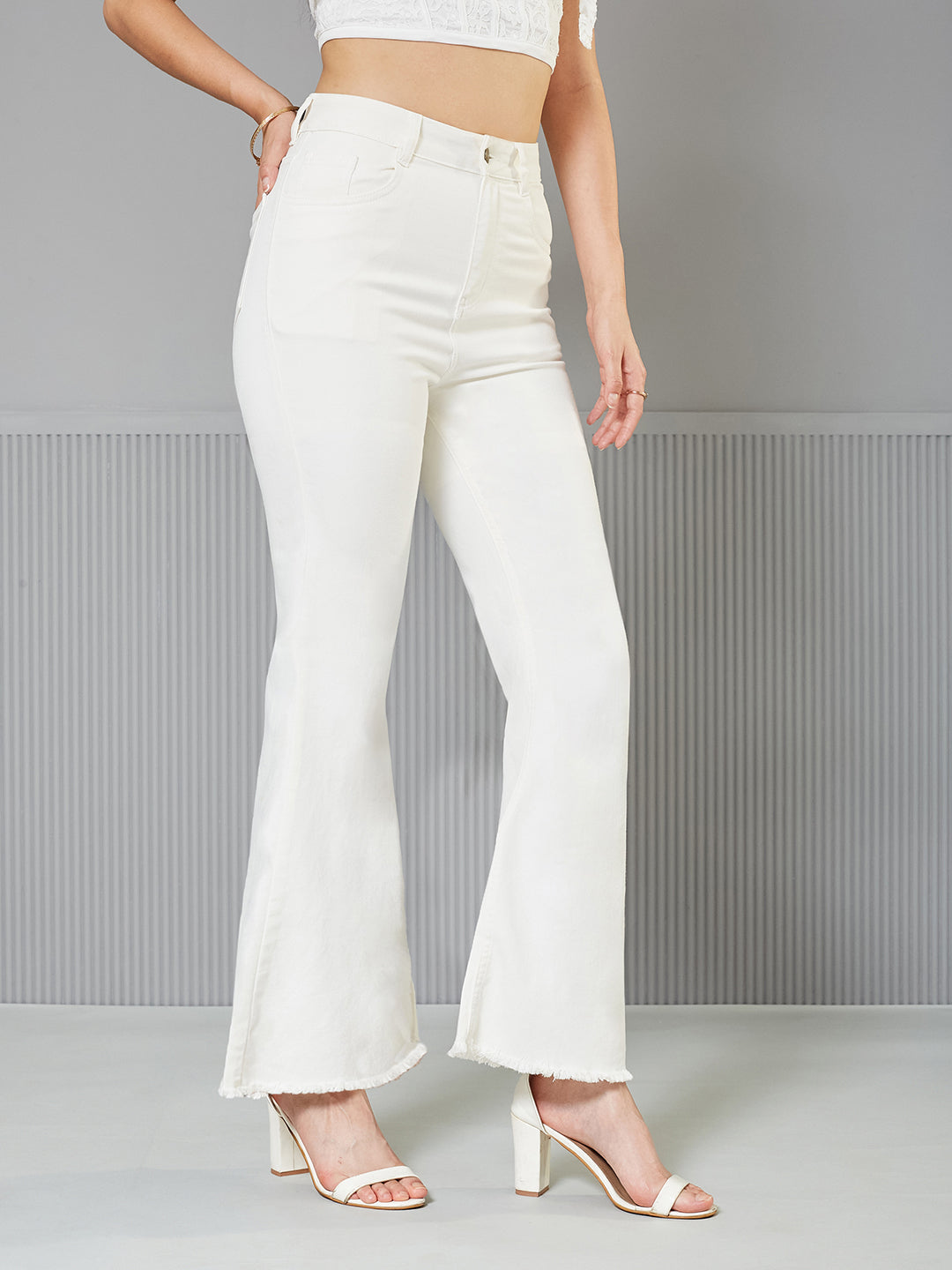 White Bootcut High-Rise Stretchable Denim Jeans for Women