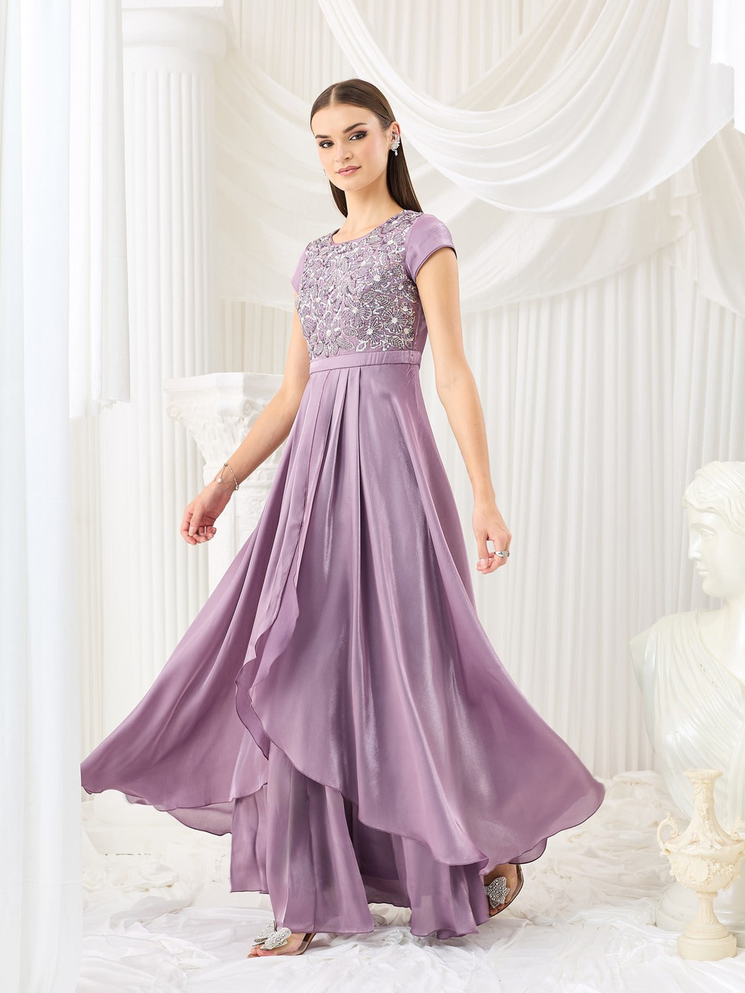 Embroidered Gown in Dusty Purple Layered Premium Satin for Women