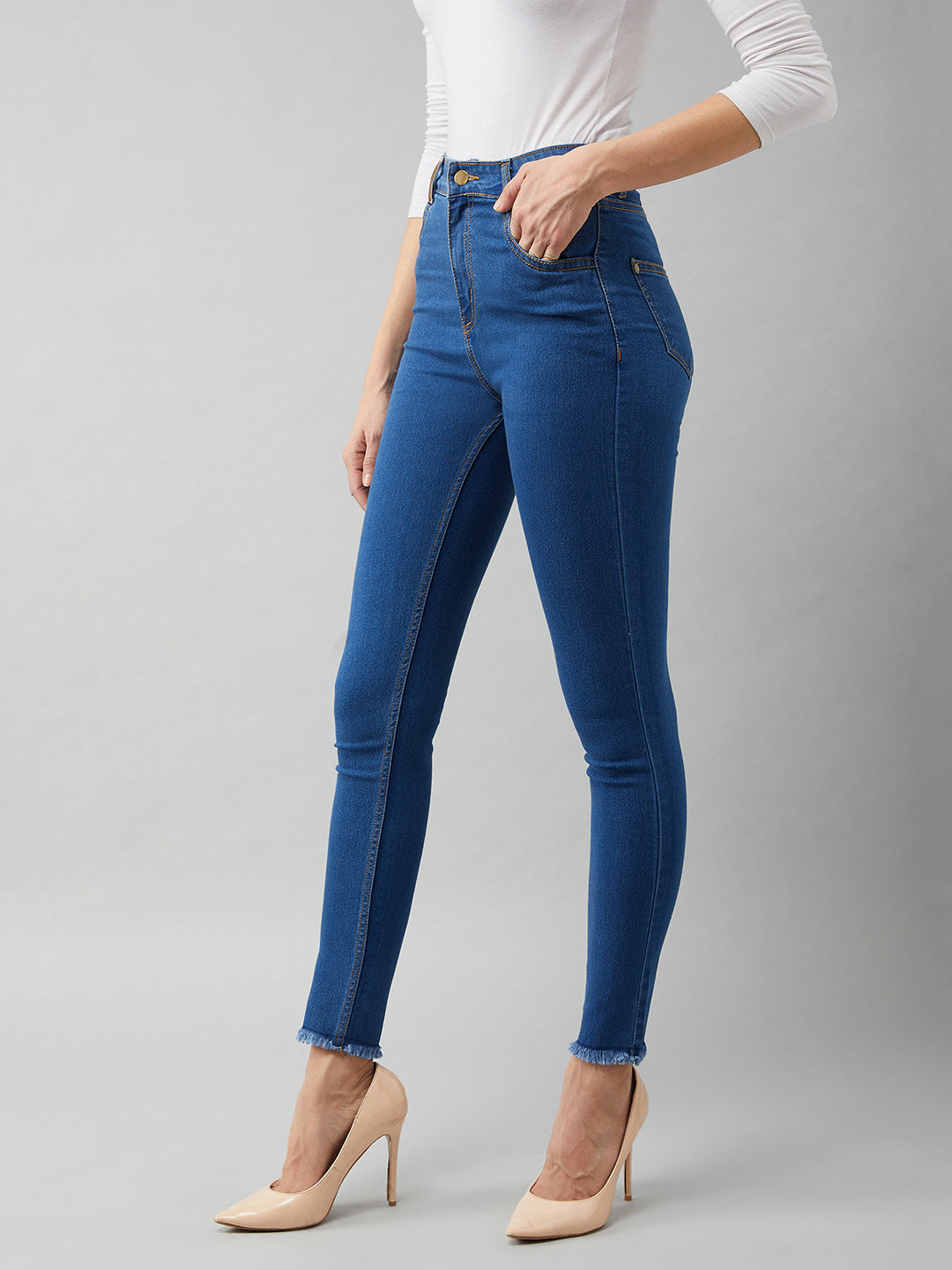 Women's Blue Skinny Fit High Rise Cropped Denim Stretchable Jeans