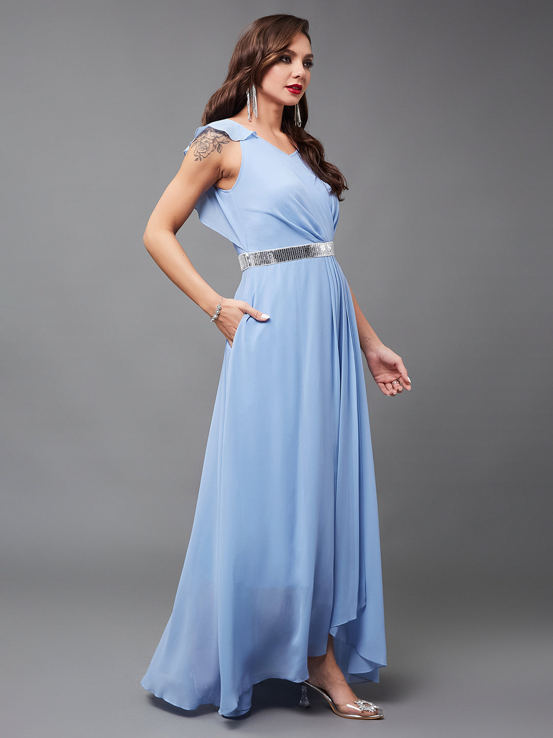 Women's Powder Blue V-Neck Ruffled Sleeve Solid Embellished Maxi Dress