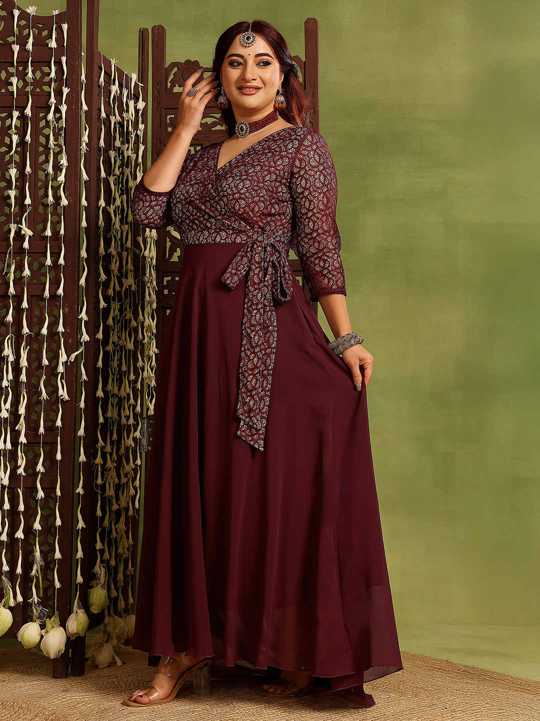 Women's Wine V-Neck Three-Quarters Sleeve Floral Wrap Georgette Maxi Dress