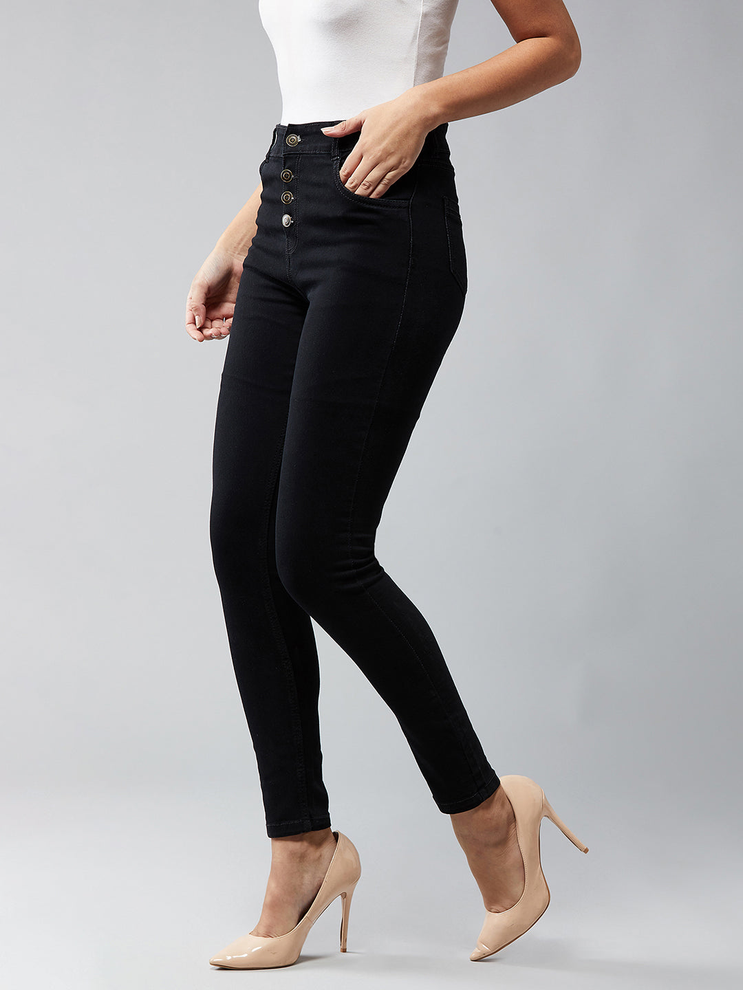 Women's Black Skinny Fit High Rise Clean Look Regular Length Stretchable Denim Jeans