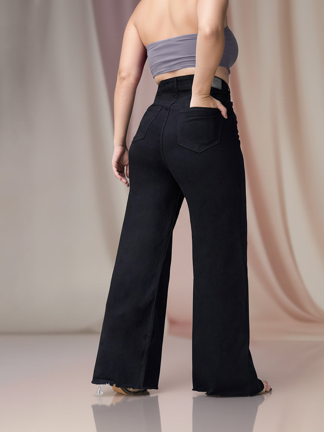 Black High Rise Stretchable Wide Leg Denim Jeans for Women