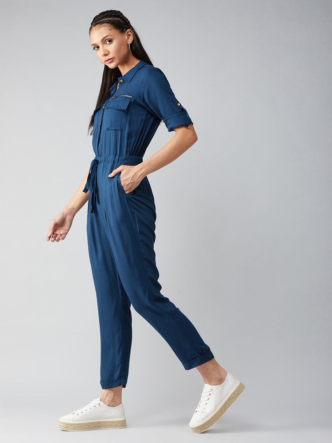 Women's Teal Blue Collared V-Neck 3/4 Sleeves Straight Leg Tie-Up Solid Belted Wrap Jumpsuit