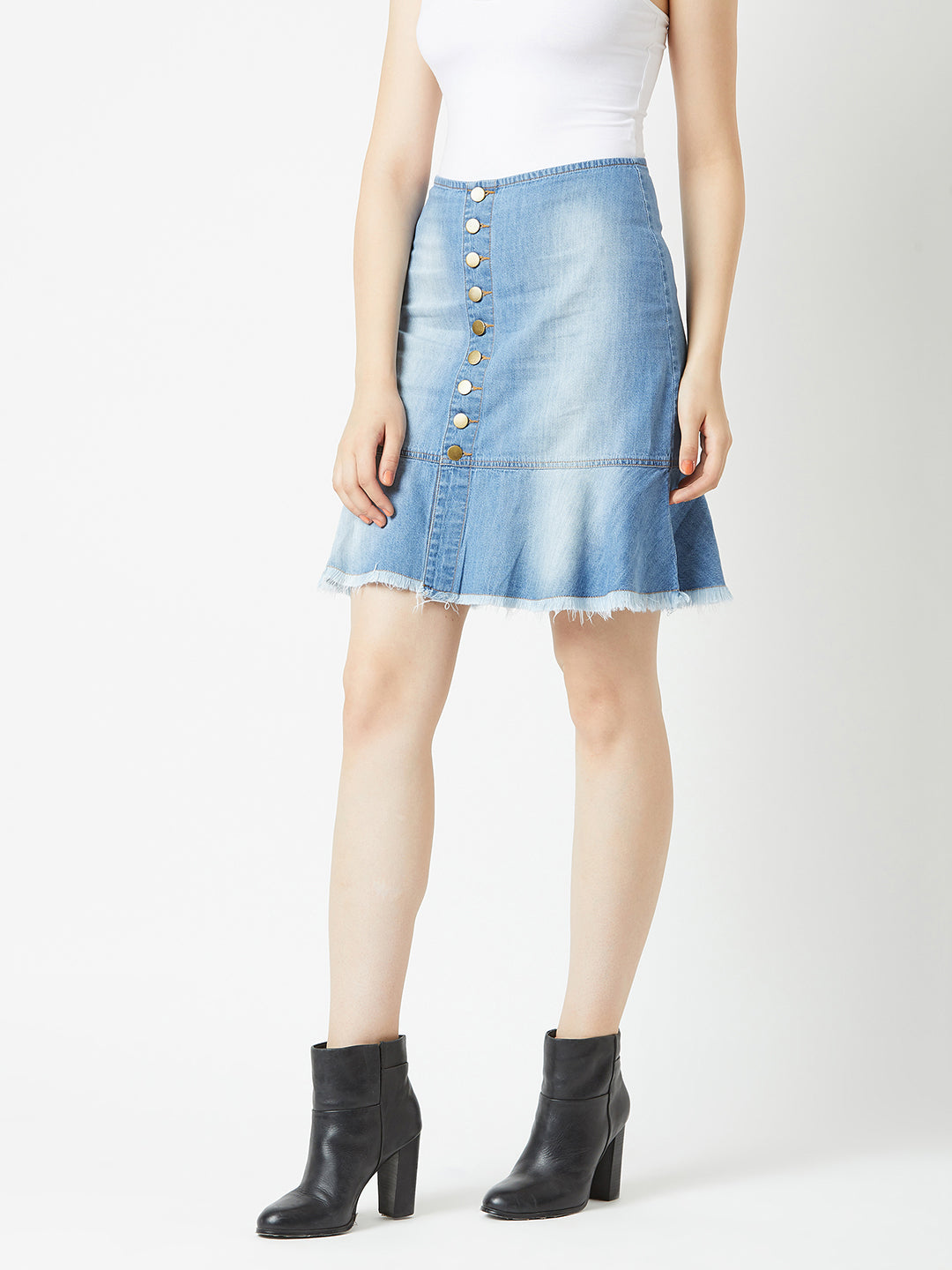 Women's Blue Regular Fit Mid Rise Light Weight Midi Denim Skirt