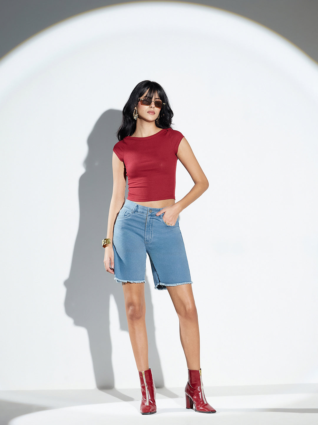 Light Blue Regular High-Rise Above Knee Stretchable Denim Shorts For Women
