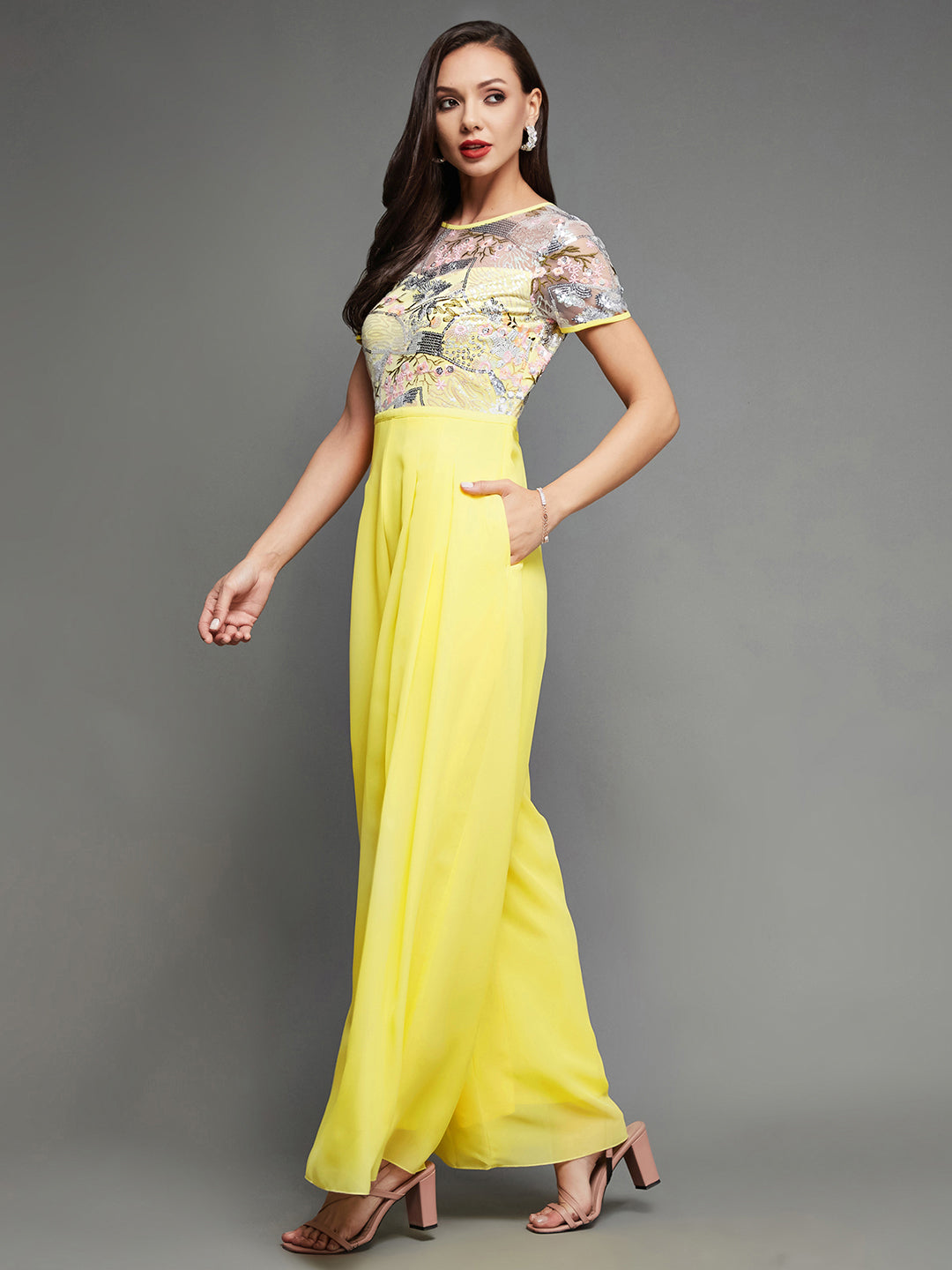 Women's Multicolored-Base-Yellow Round Neck Short Sleeve Floral Pleated Georgette Jumpsuit