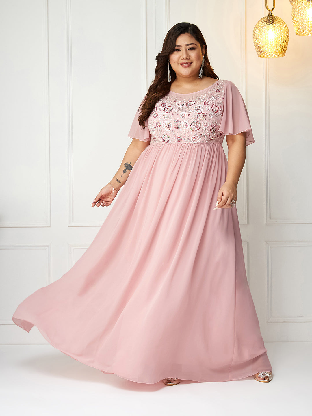 Women's Blush Pink Sequin Embroidery Maxi Dress