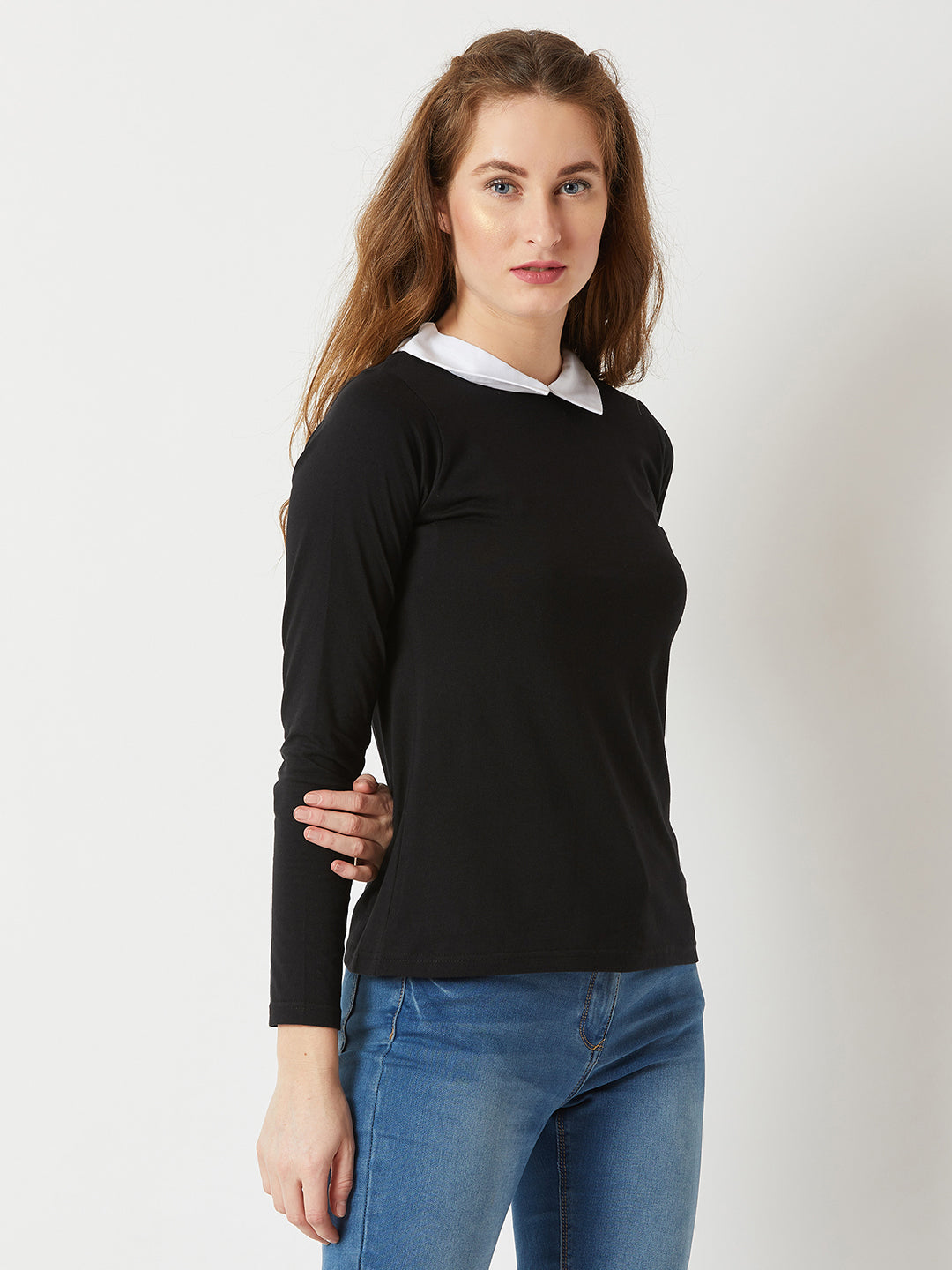 Women's Black Collared Round Neck Full Sleeve Cotton Solid Buttoned Top