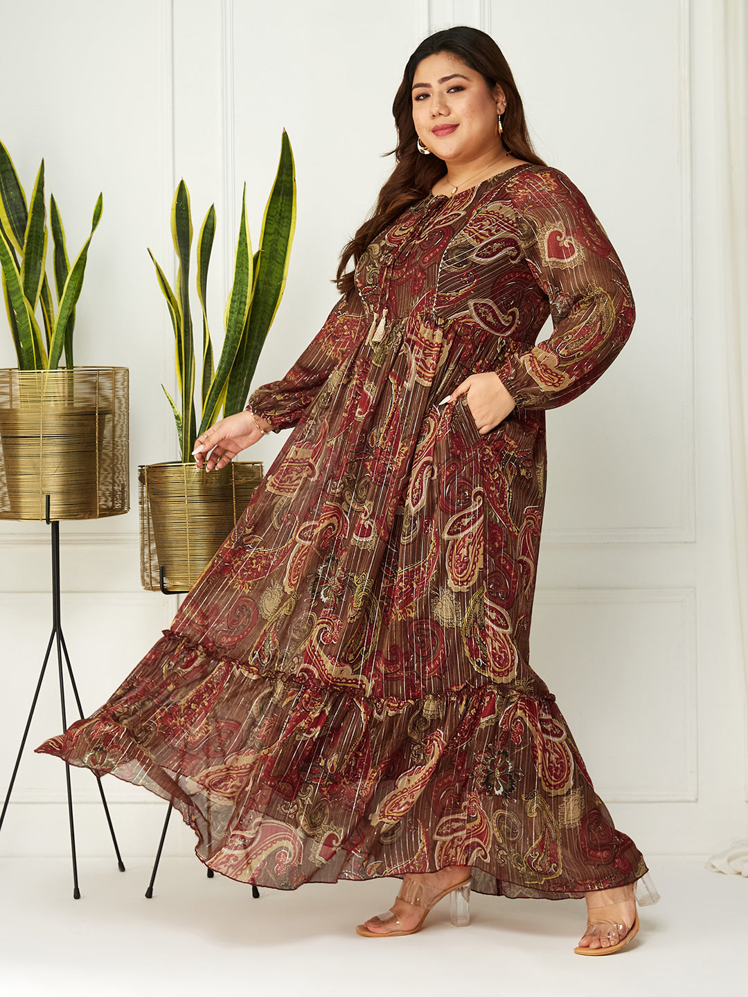 Multicolored-Base-Brown Relaxed Fit Maxi Lurex Chiffon Dress for Women