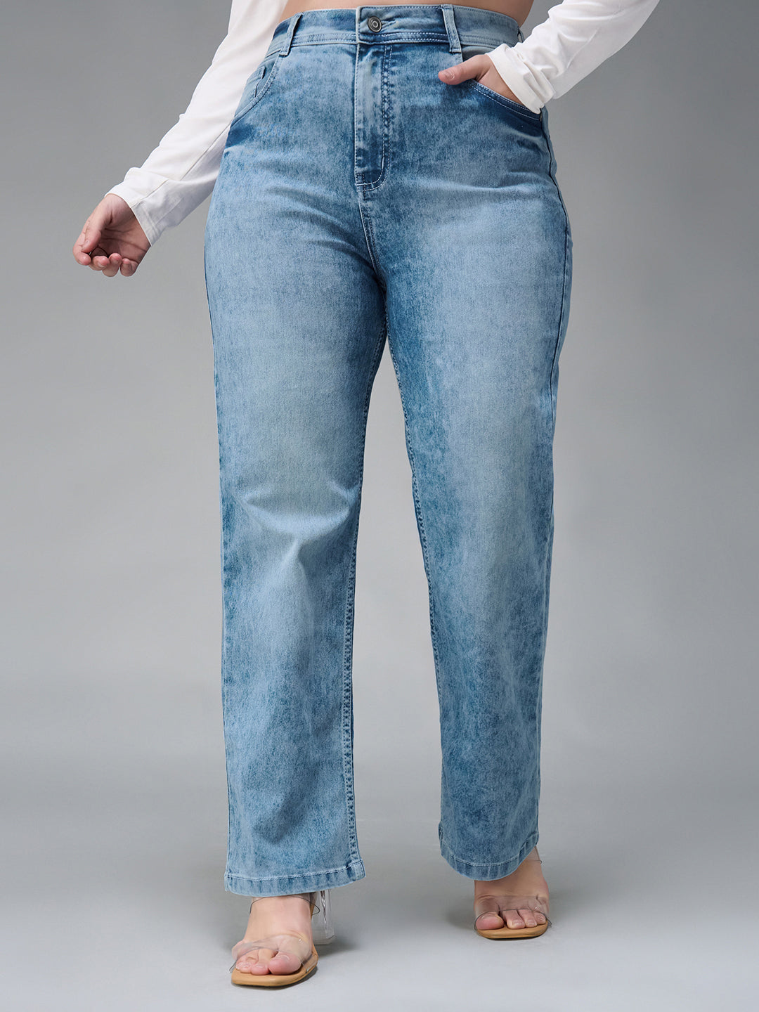 Women's Light Blue Wide Leg Fit High Rise Stretchable Denim Jeans