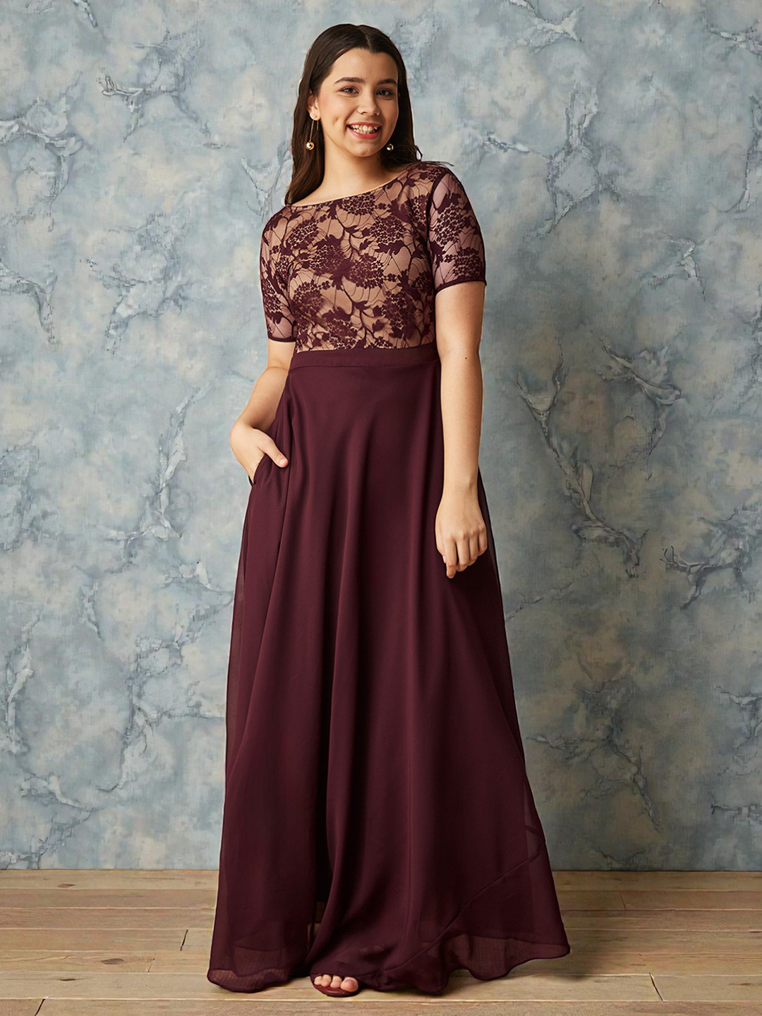 Wine & Beige Relaxed Fit Georgette Maxi Dress for Girls/Teenagers for Women — Mizuki