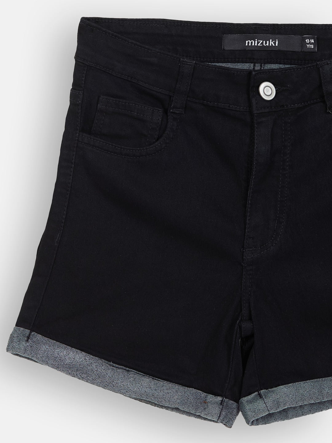 Black Relaxed-Fit Mid-Rise Clean-Look Stretchable Denim Shorts for Girls/Teenagers