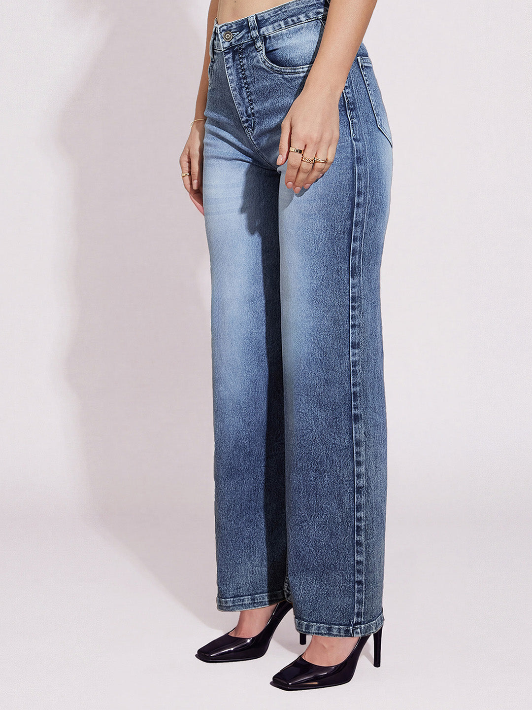 Light Blue Wide-Leg High-Rise Stretchable Denim Jeans for Women