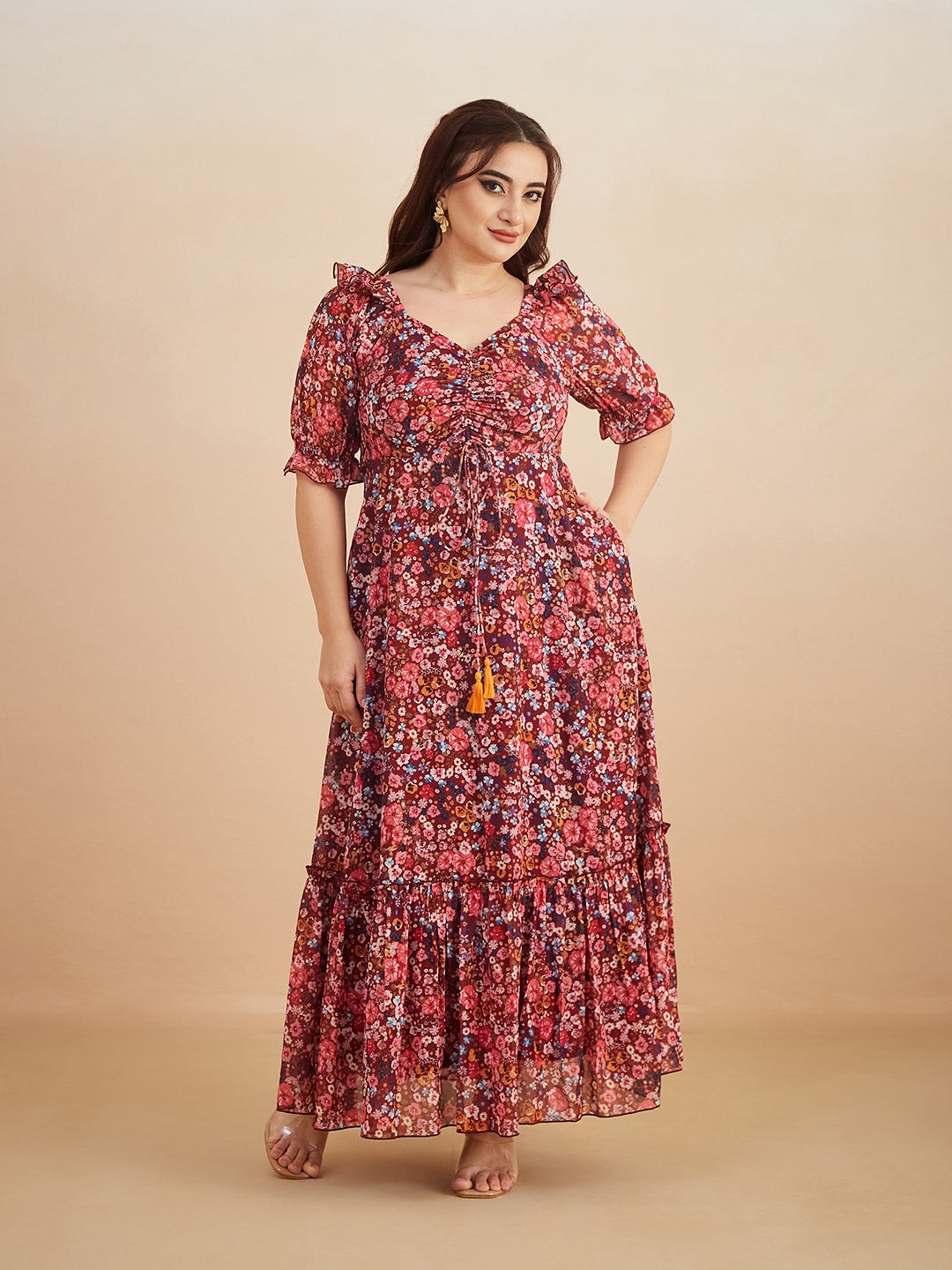 Multicolored-Base-Wine V-Neck Puff Sleeve Floral Ruching Ankle-Length Dress for Women