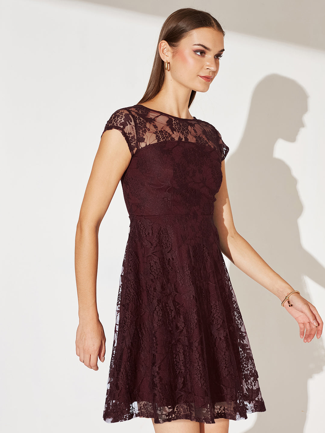 Wine Round Neck Cap Sleeves Lace Knee-Long Skater Dress for Women