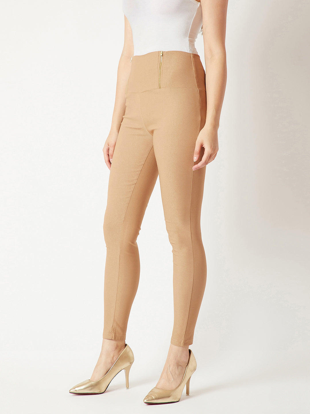 Women's Beige Solid Skinny High Waist Regular Length Jeggings