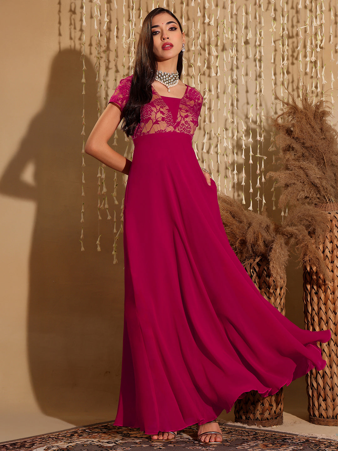 Women's Dark Pink Square Neck Raglan Short Sleeve Self Design Lace Overlaid Georgette Maxi Dress