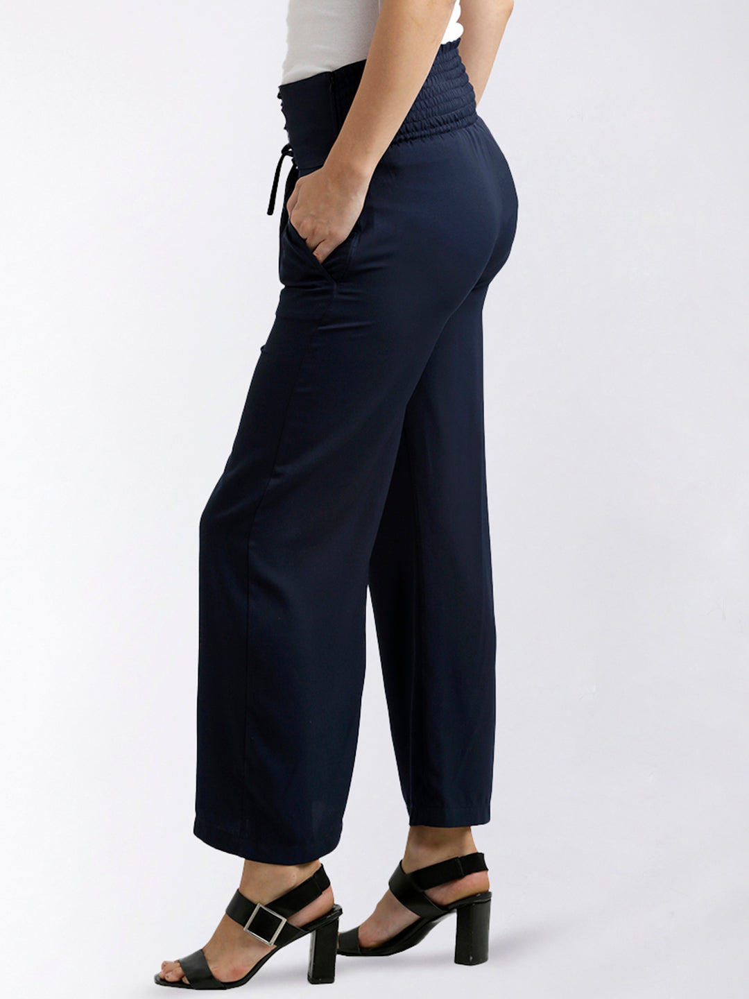 Women's Navy Blue Solid Straight Fit Criss Cross Detailing Waist Tie-Up Pant