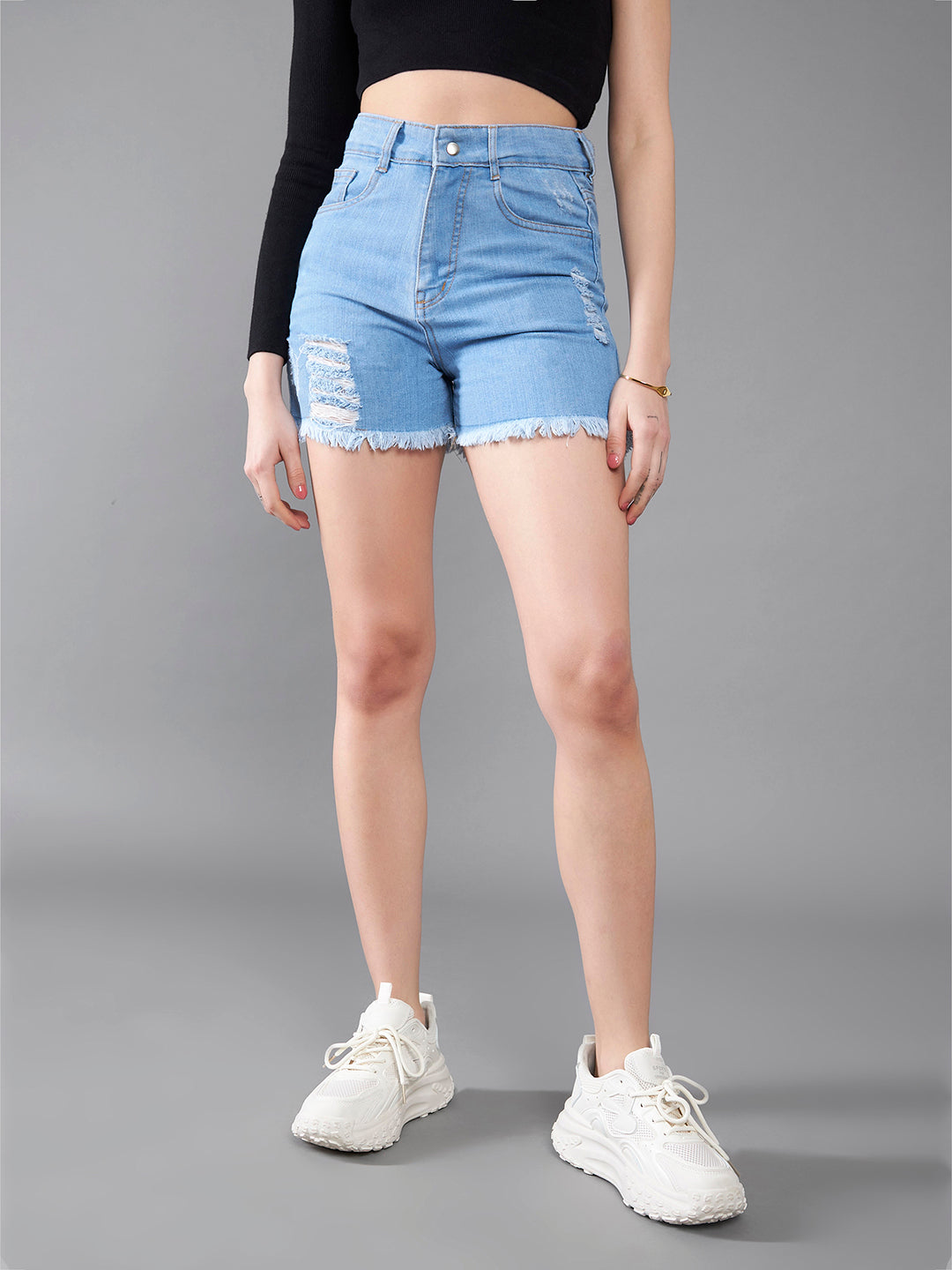 Women's Blue Relaxed Fit Mid Rise Highly Distressed Regular Length Denim Shorts