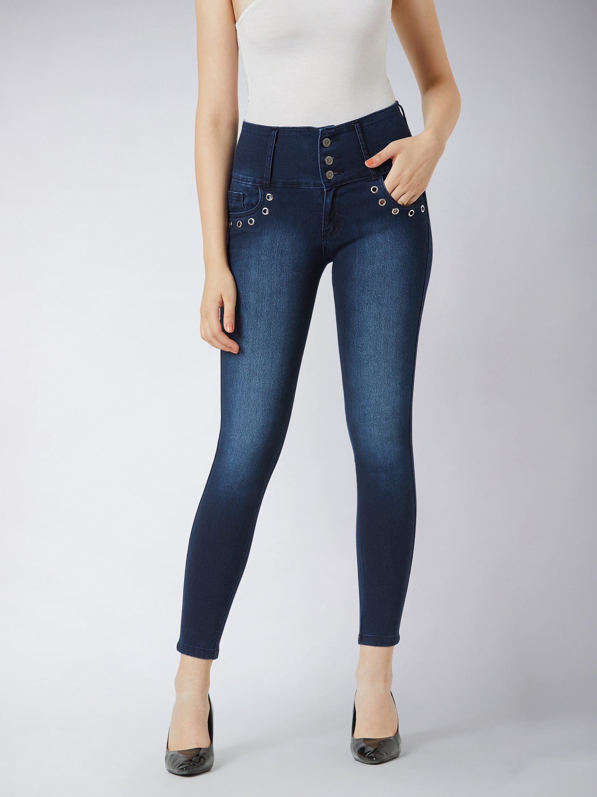 Women's Navy Blue Skinny Fit High Rise Regular Length Stretchable Denim Pants