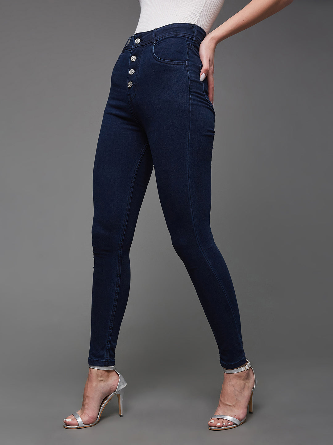 Women's Navy Blue Skinny Fit High Rise Regular Length Clean Look Stretchable Denim Jeans