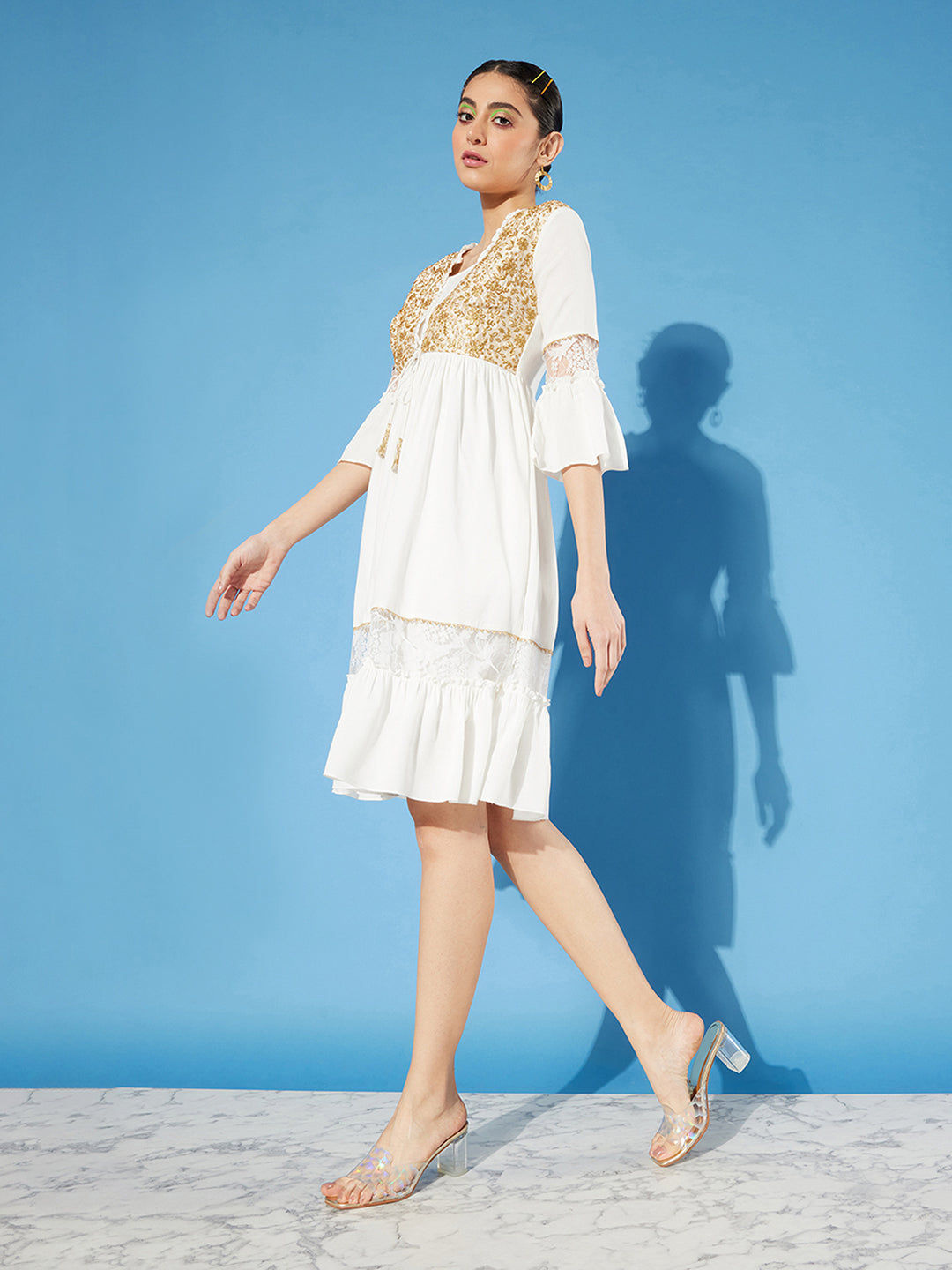 Women's Off-White Square Neck Ruffled Sleeve Viscose Rayon Embroidered Jacket Paneled Midi Dress