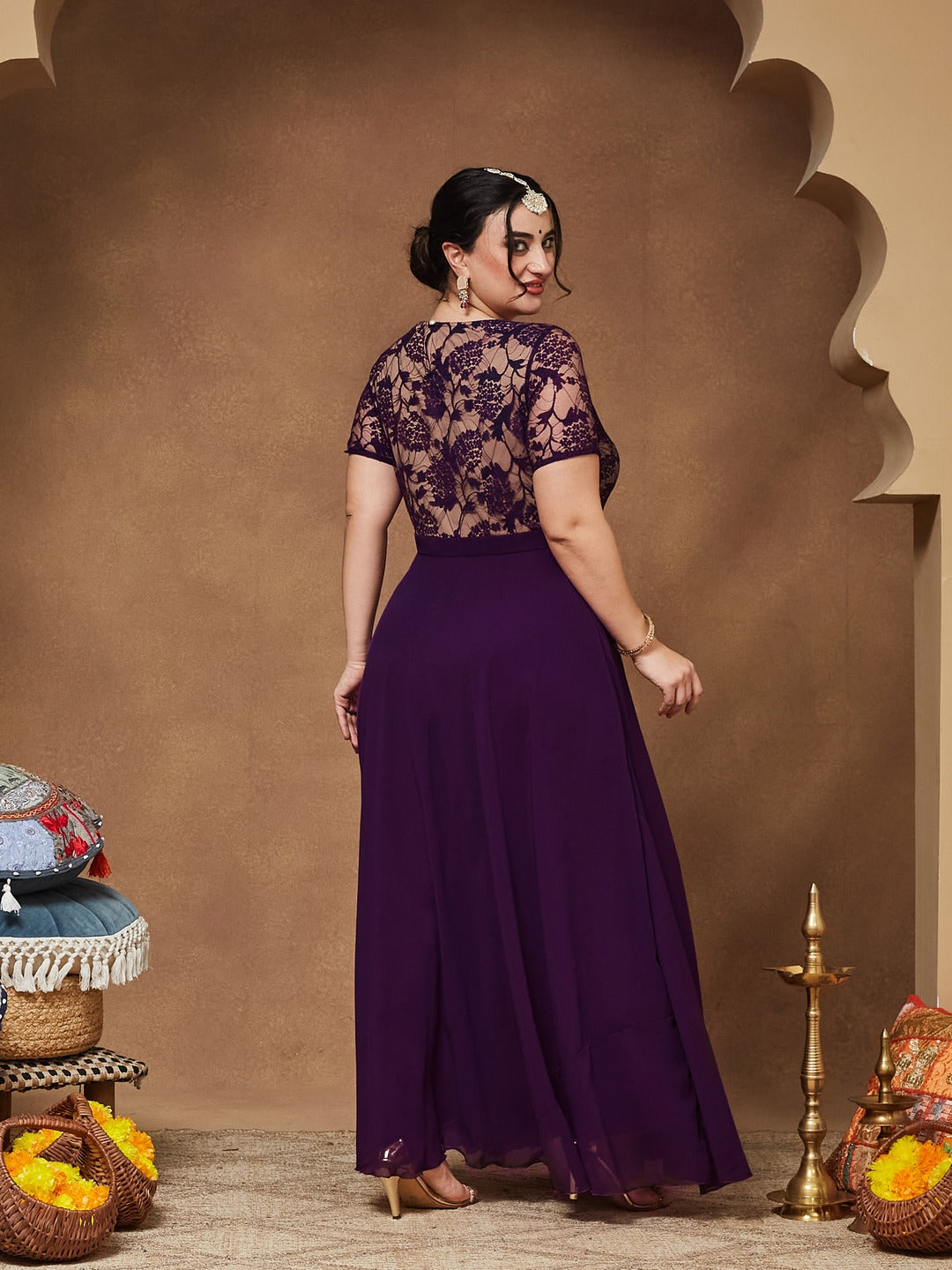 Dark Purple Round Neck Half Sleeve Self Design Fit & Flare Georgette Maxi Dress for Women