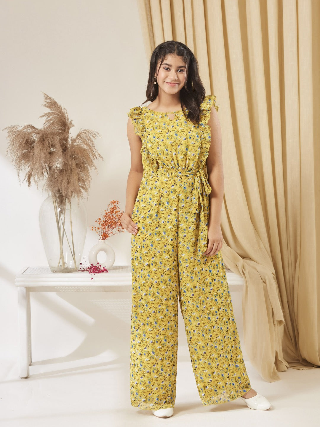 Yellow Round neck Sleeveless Floral Wide Leg Regular Jumpsuit for Girls/Teenagers