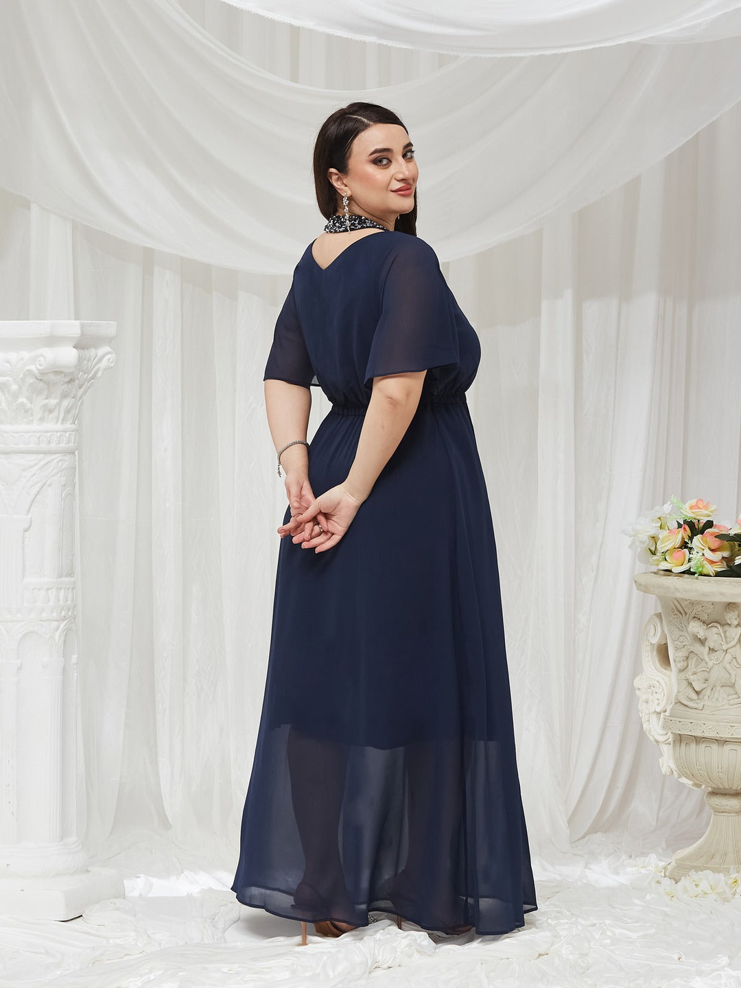 Navy Blue Round Neck Flared Solid Embellished Choker/Gathered Maxi Dress for Women — Miss Chase A+