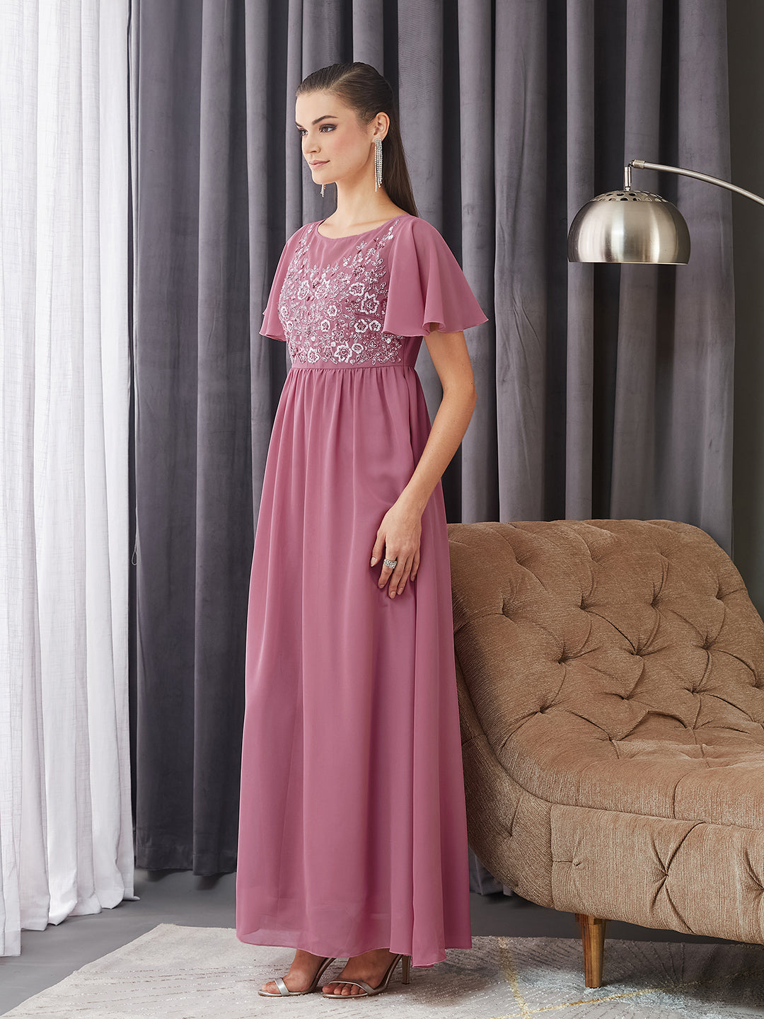 Women's Dusty Lavender Boat Neck Half Sleeve Solid Embellished Georgette Maxi Dress