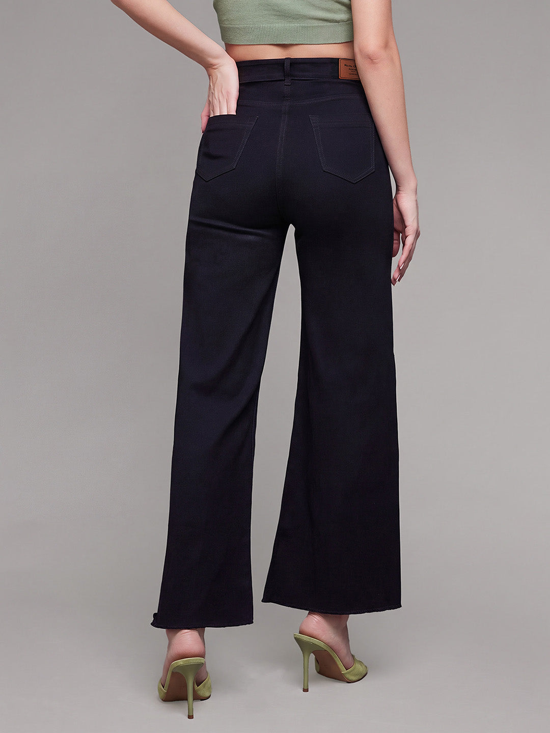 Black High Rise Stretchable Wide Leg Denim Jeans for Women