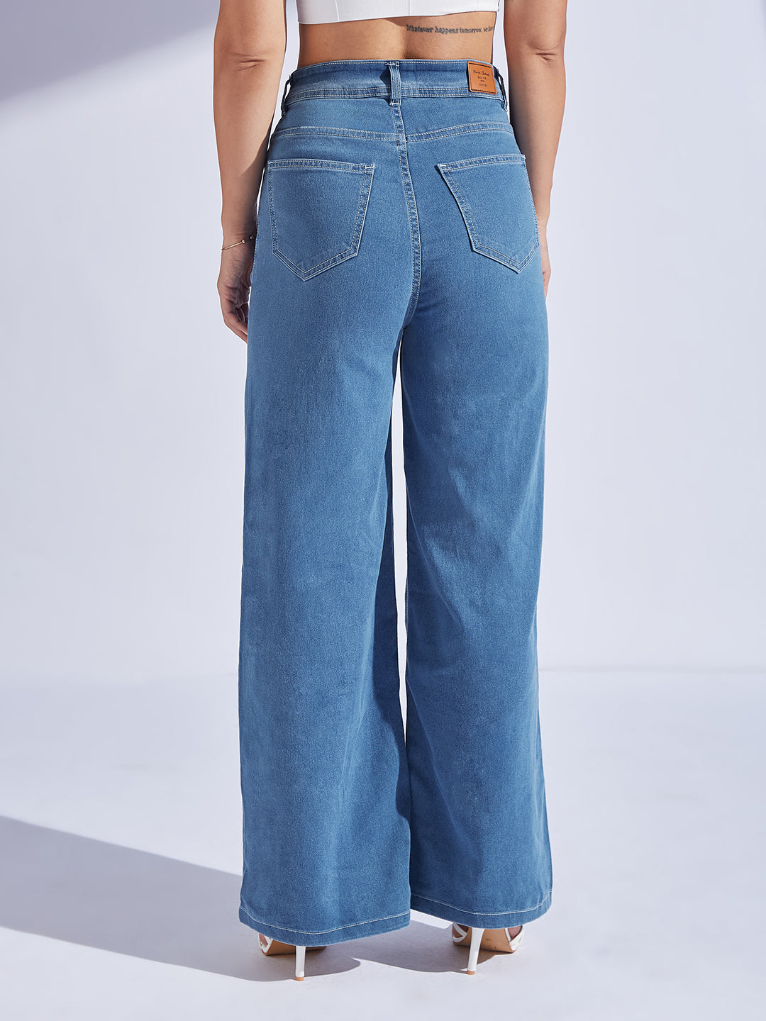Women's Blue Wide-Leg High-Rise Regular-Length Stretchable Denim Jeans