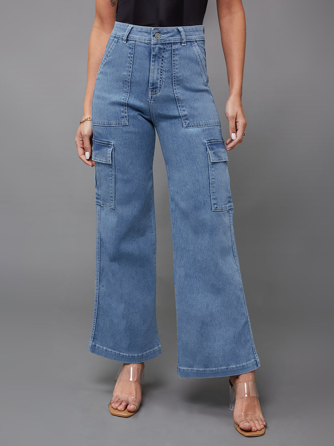 24/7 Comfort Women's Mid Blue Wide Leg High Rise Stretchable Denim Jeans