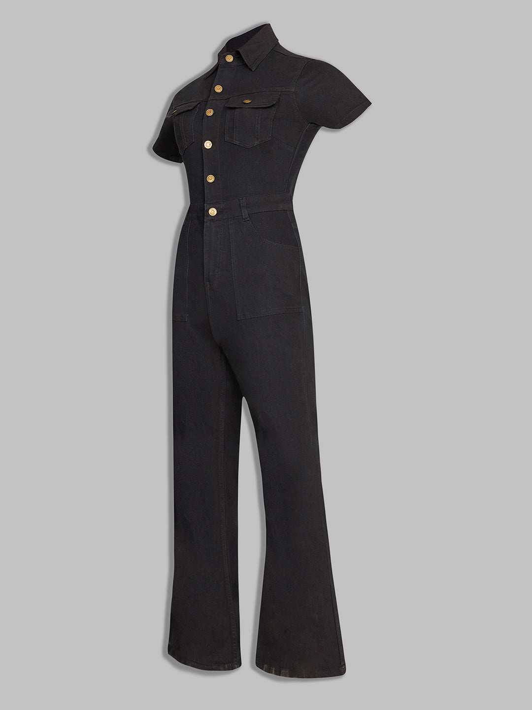 Black Flared High-Rise Stretchable Denim Jumpsuit for Women