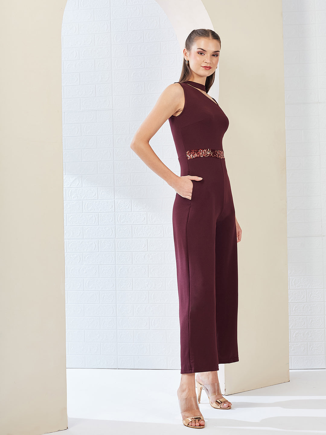 Wine Collared Sleeveless Solid Asymmetric Neck Cut-Out Regular Length Jumpsuit for Women