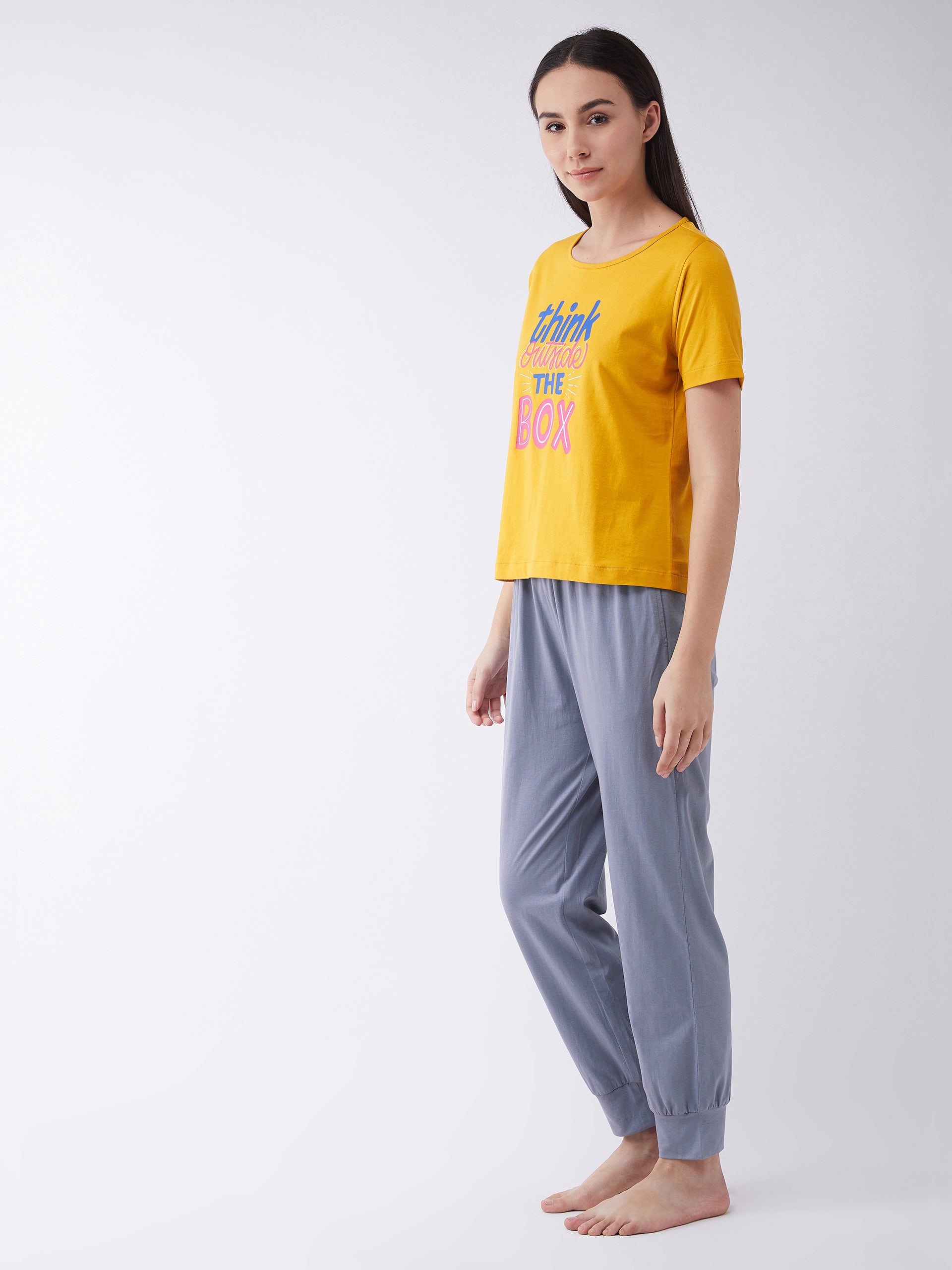 Women's Yellow and Gray Cotton Solid Round Neck Short Sleeve Regular Length Top & Pyjama Set